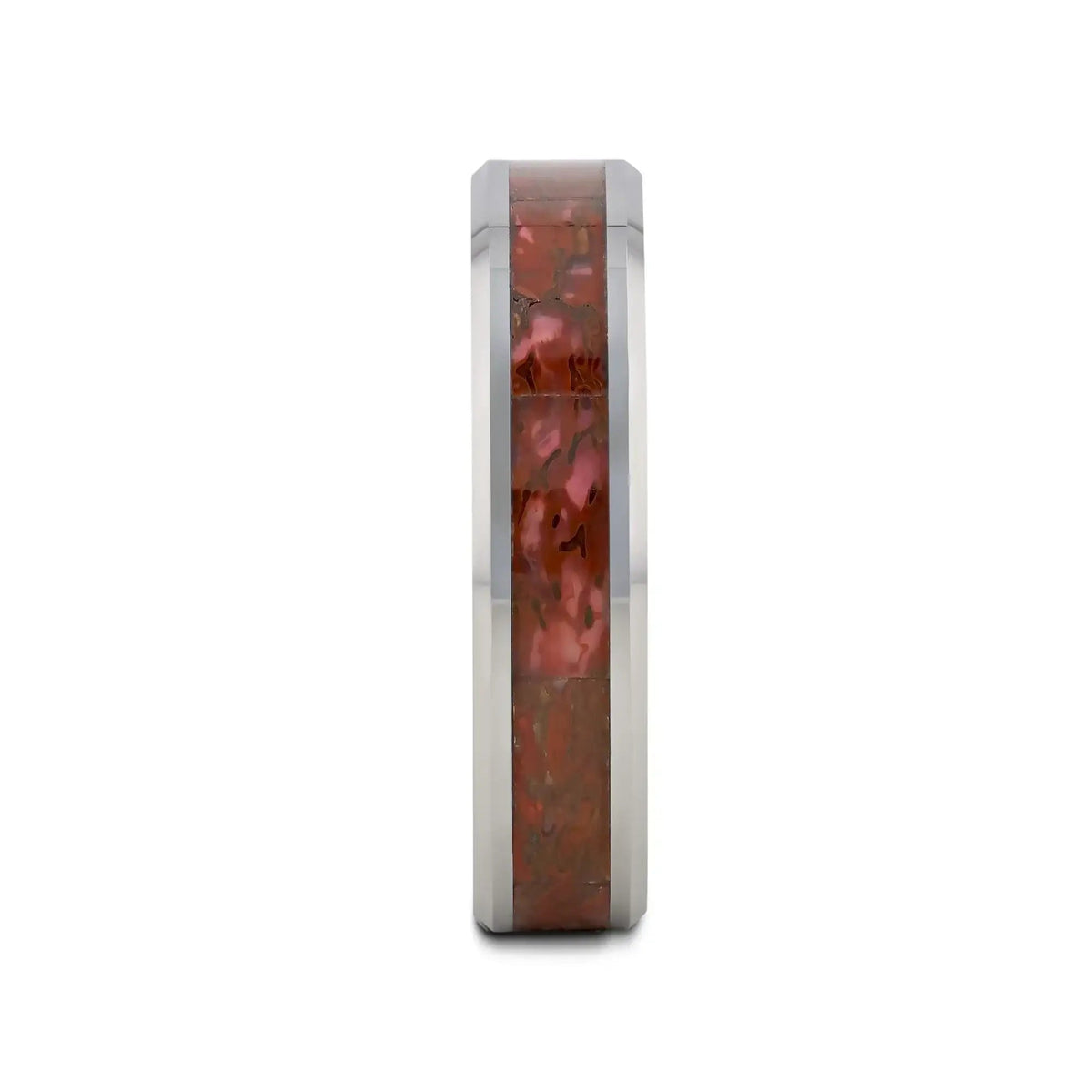 JURASSIC Red Dinosaur Bone Inlaid Tungsten Carbide Beveled Edged Ring - 4mm & 8mm