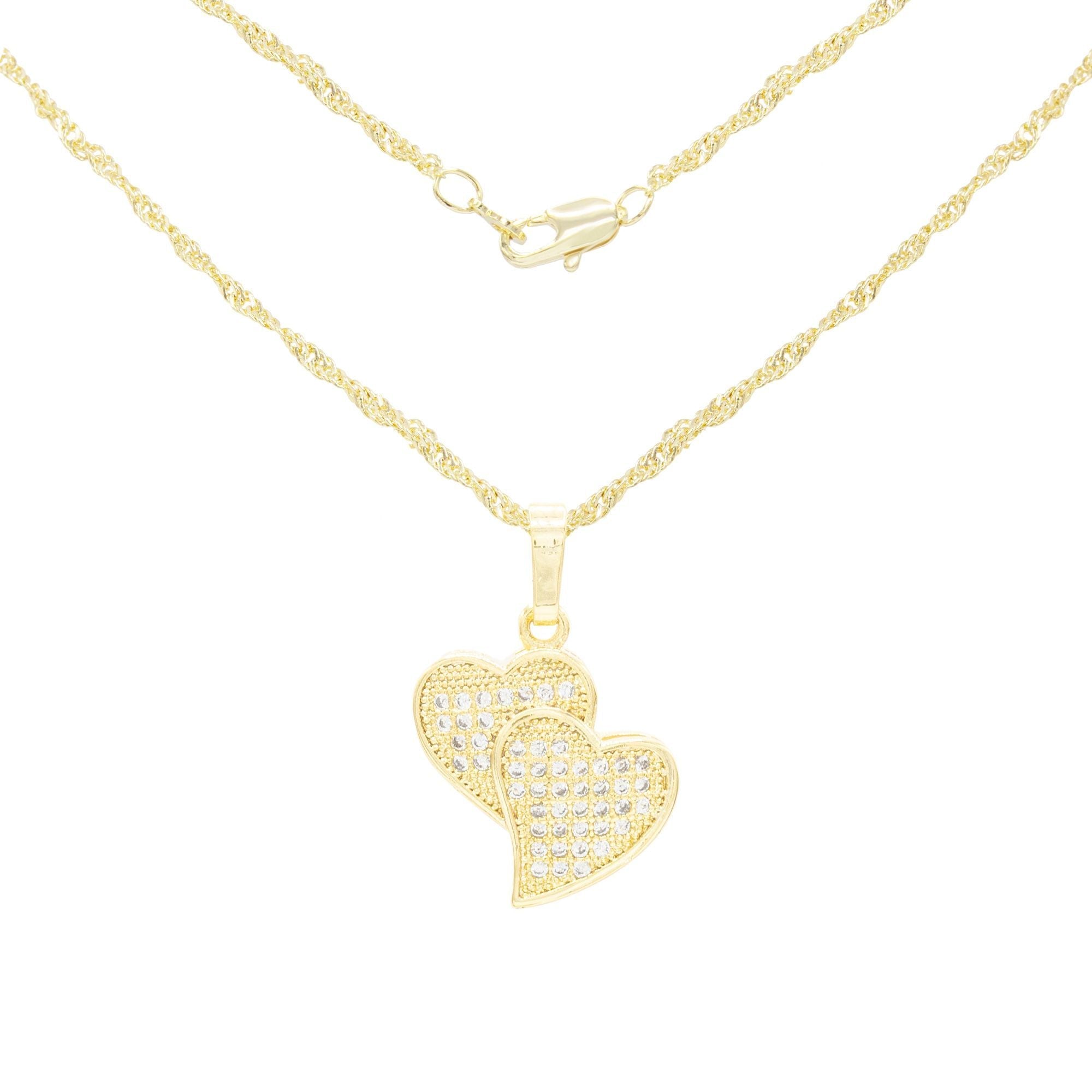 Cubic Zirconia 14K Gold Filled Double Hearts Pendant Necklace Set
