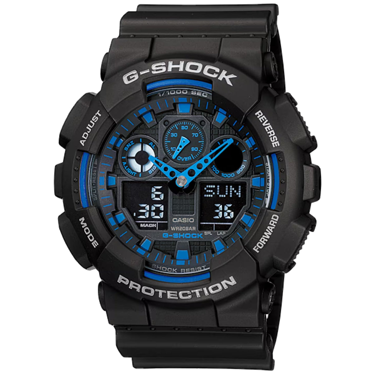 Casio G-SHOCK Men's Black and Blue Accent Dial Analog Watch Black Resin Strap - GA-100-1A2NDR