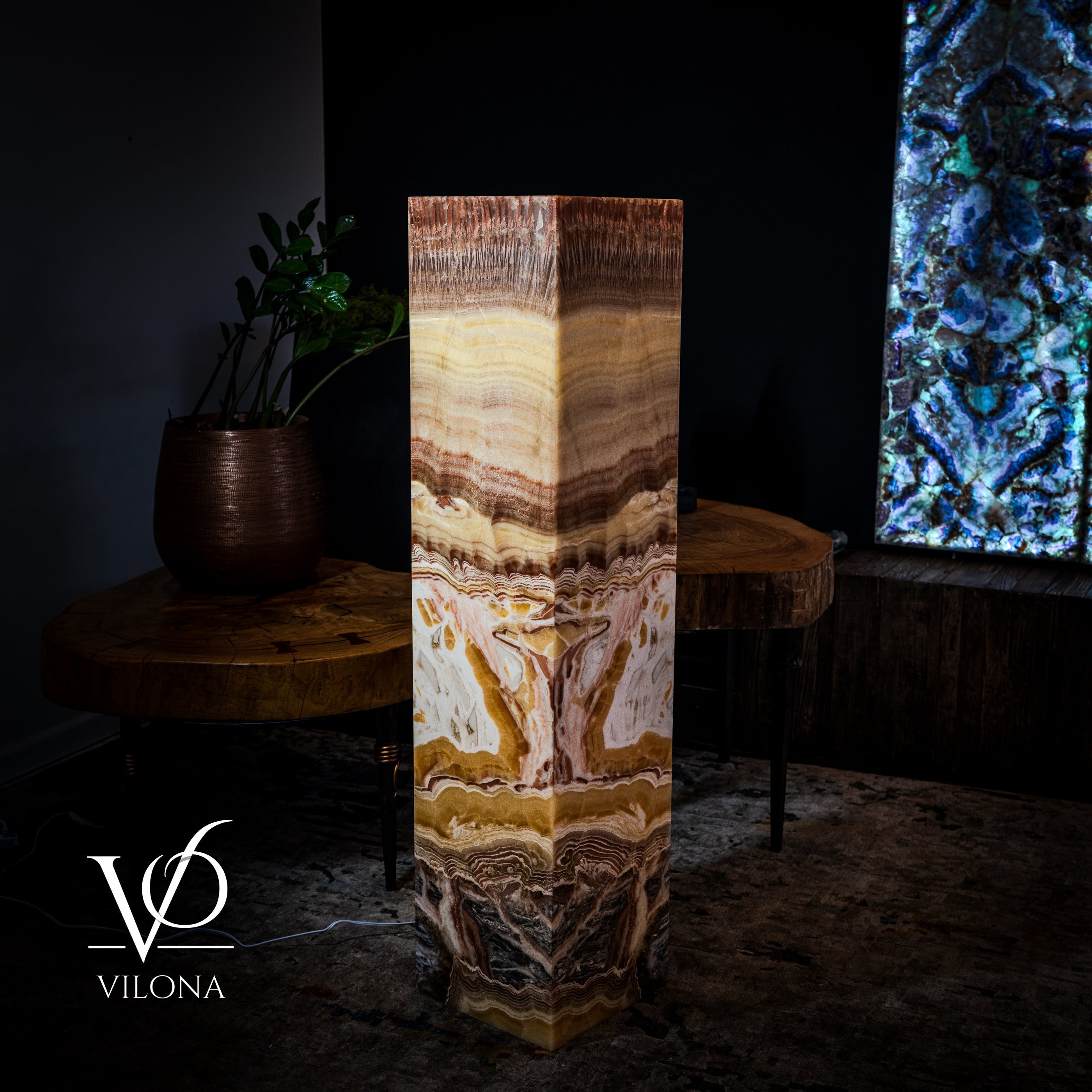 Golden Cloud Onyx Floor Lamp - Exotic Dragon Eye - Medium - 51.25"H x 12"W - Square - #2