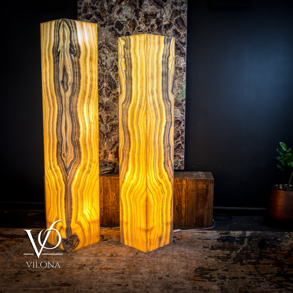 Golden Cloud Onyx Floor Lamp - Pair - Large - 63-67"H x 12-12"W - Square
