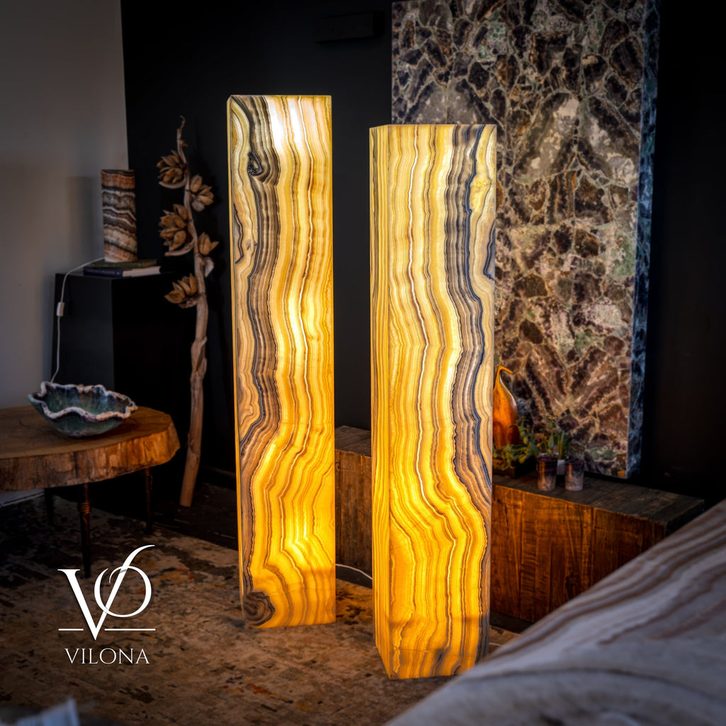 Golden Cloud Onyx Floor Lamp - Pair - Large - 63-67"H x 12-12"W - Square