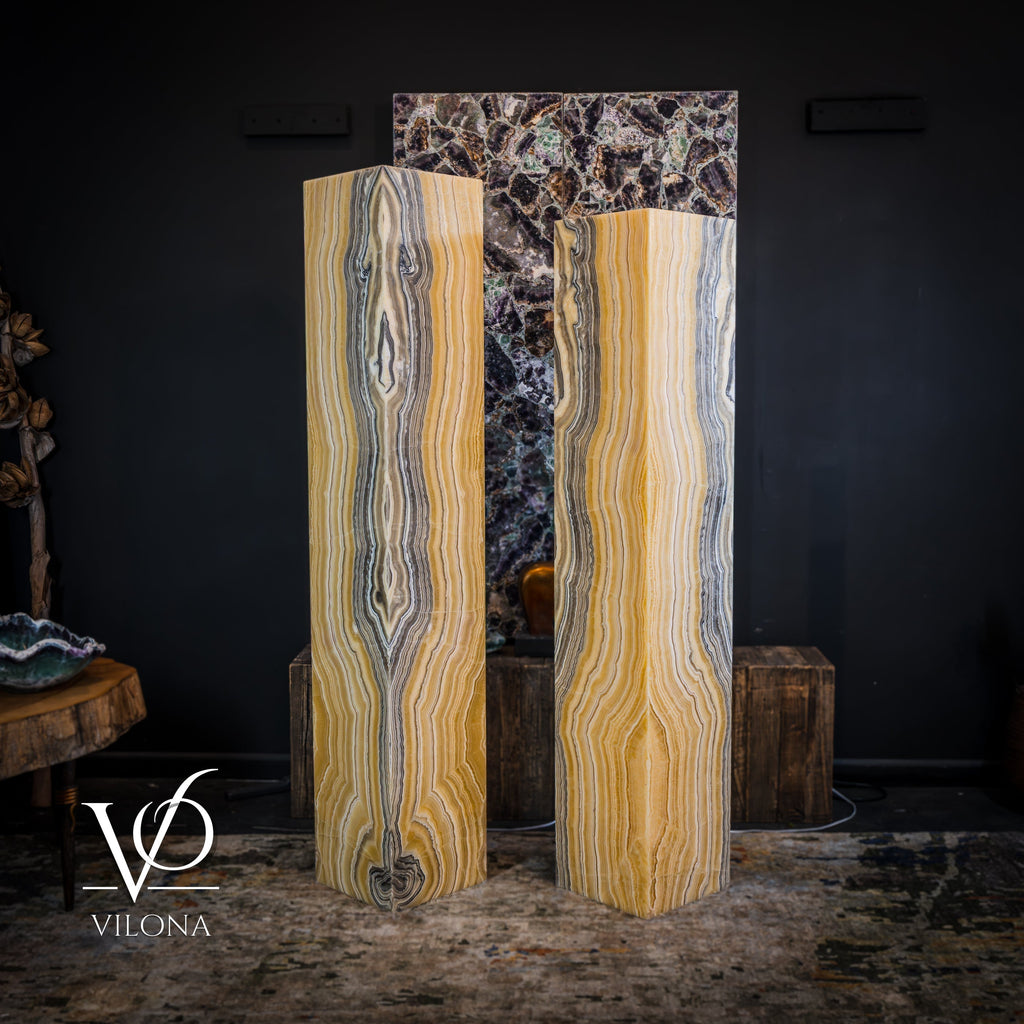 Golden Cloud Onyx Floor Lamp - Pair - Large - 63-67"H x 12-12"W - Square
