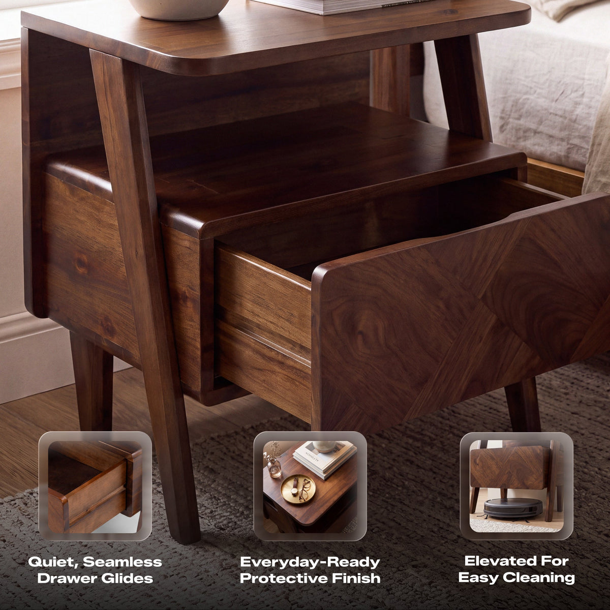 Rum Handcrafted Solid Wood Nightstand