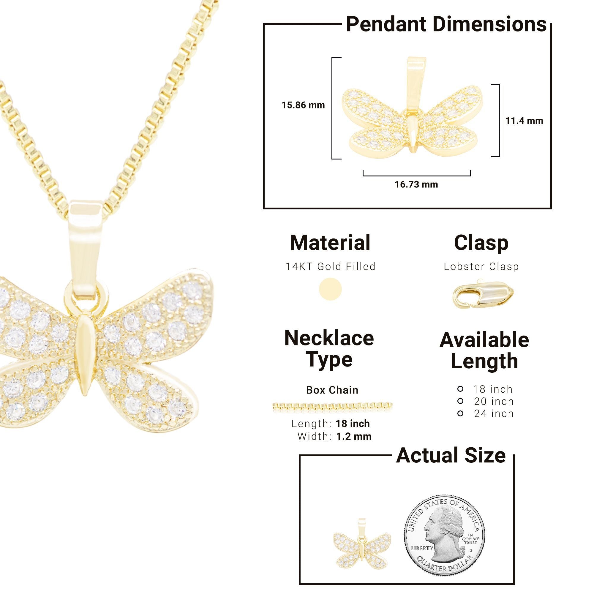 Morning Butterfly Cubic Zirconia Pendant With Necklace Set 14K Gold Filled