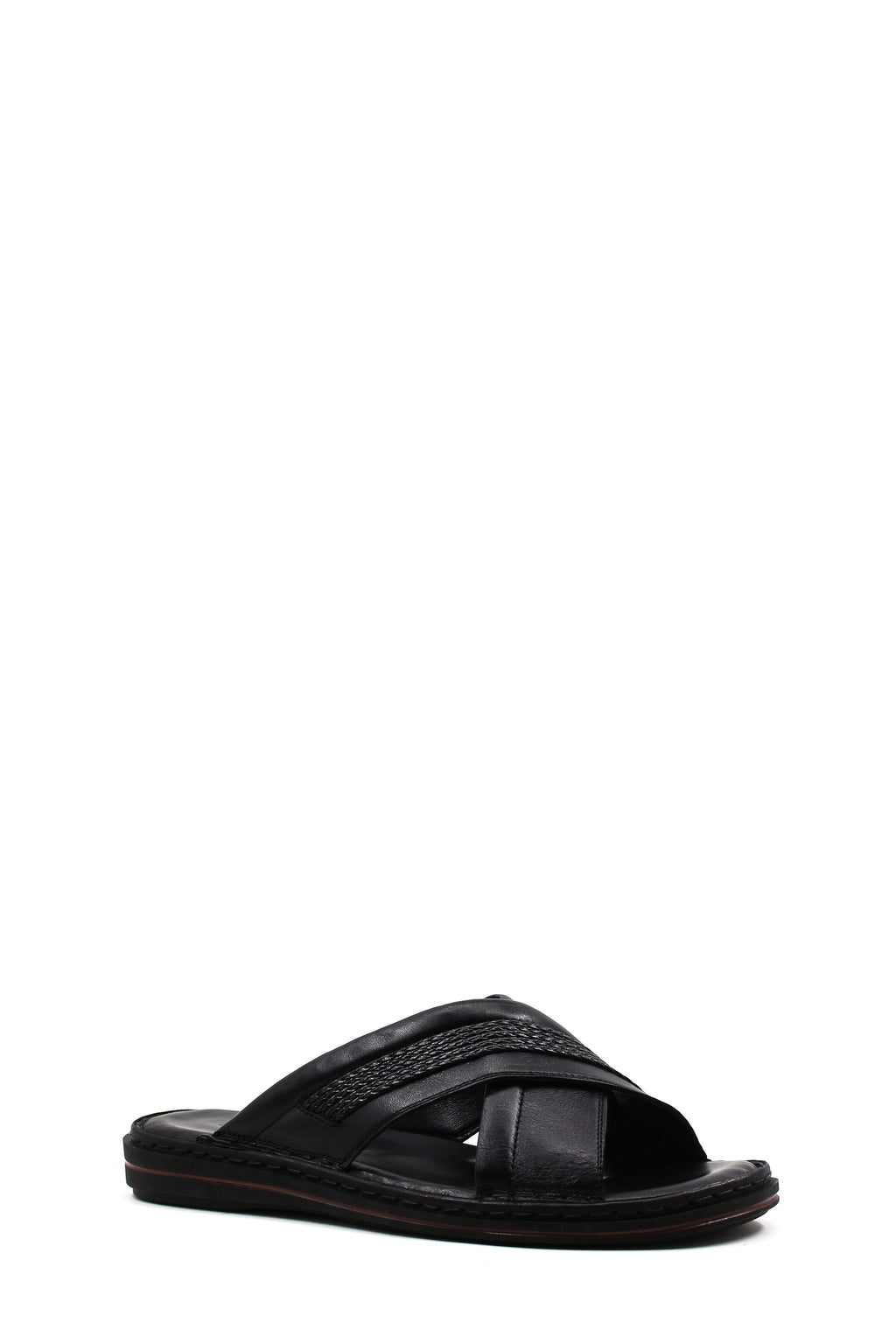 Men's Black Leather Crisscross Slide Slippers with Textured Straps and Cushioned Sole - Wessi
