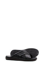 Men's Black Leather Crisscross Slide Slippers with Textured Straps and Cushioned Sole - Wessi