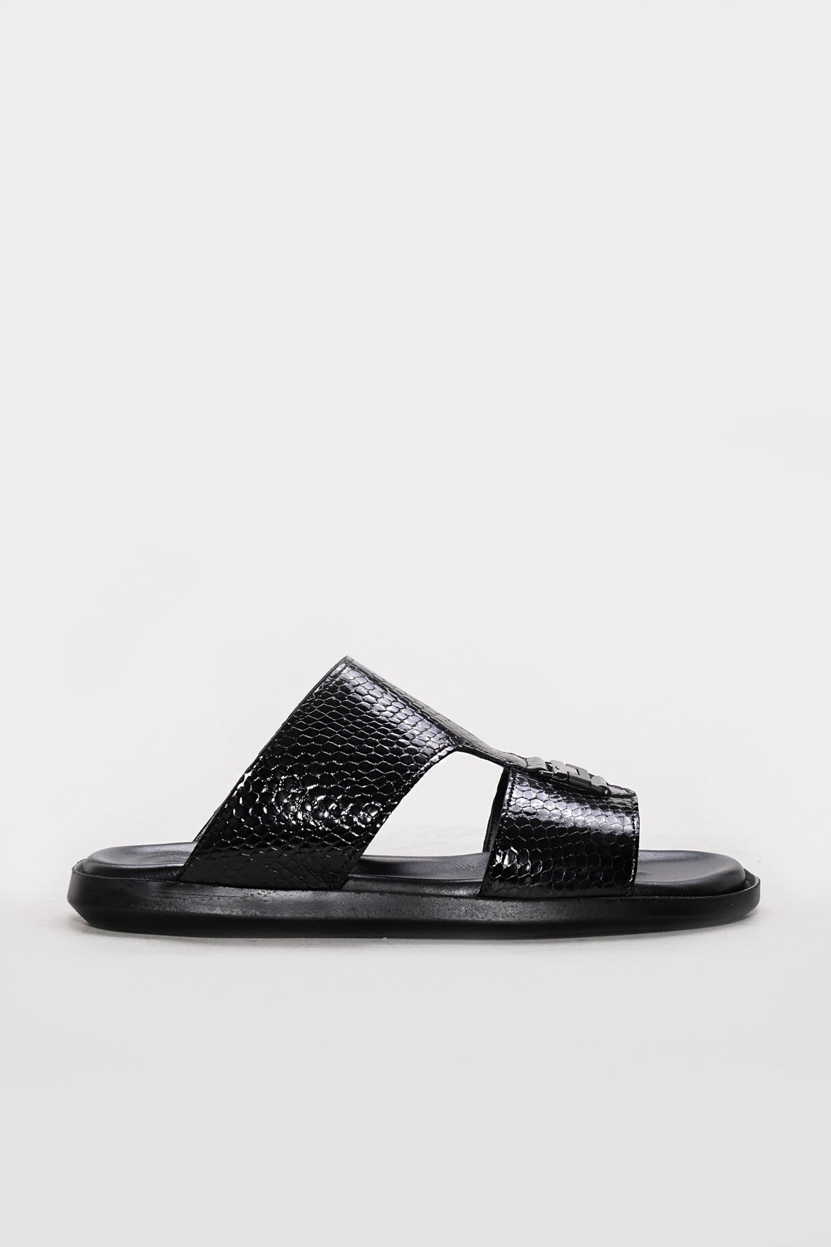 Black Embossed Leather Double-Strap Sandals for Men | Wessi