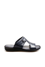 Men's Navy Leather Slide Sandals with Cutout Design - Wessi
