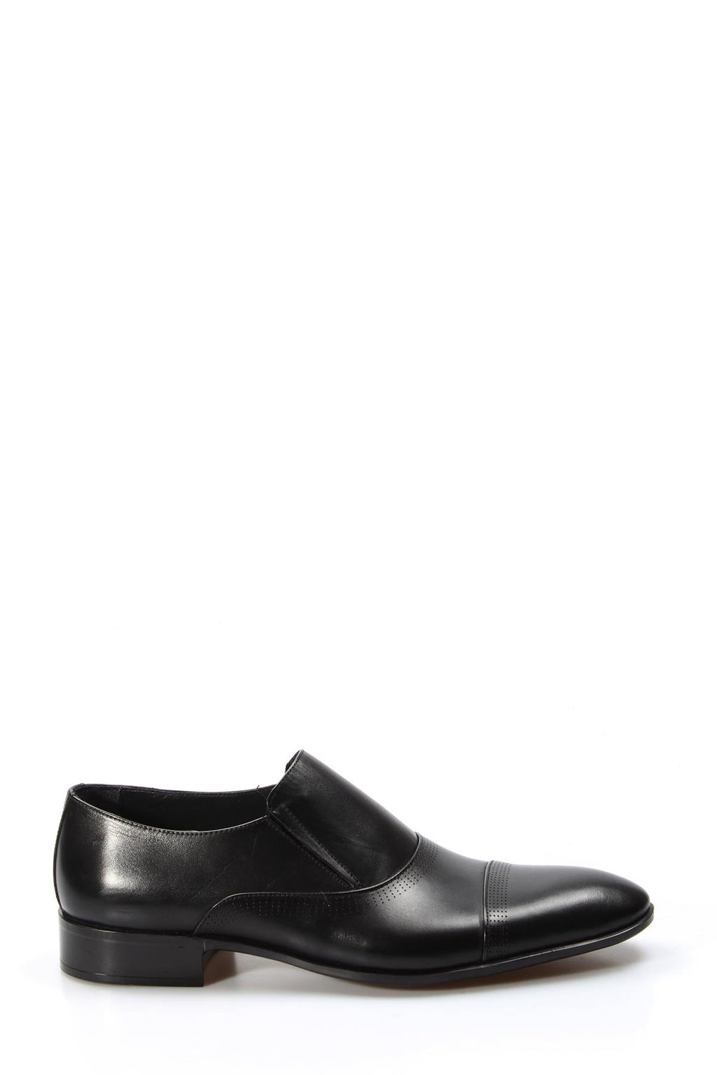 Men's Black Leather Slip-On Dress Shoes with Cap Toe - Wessi