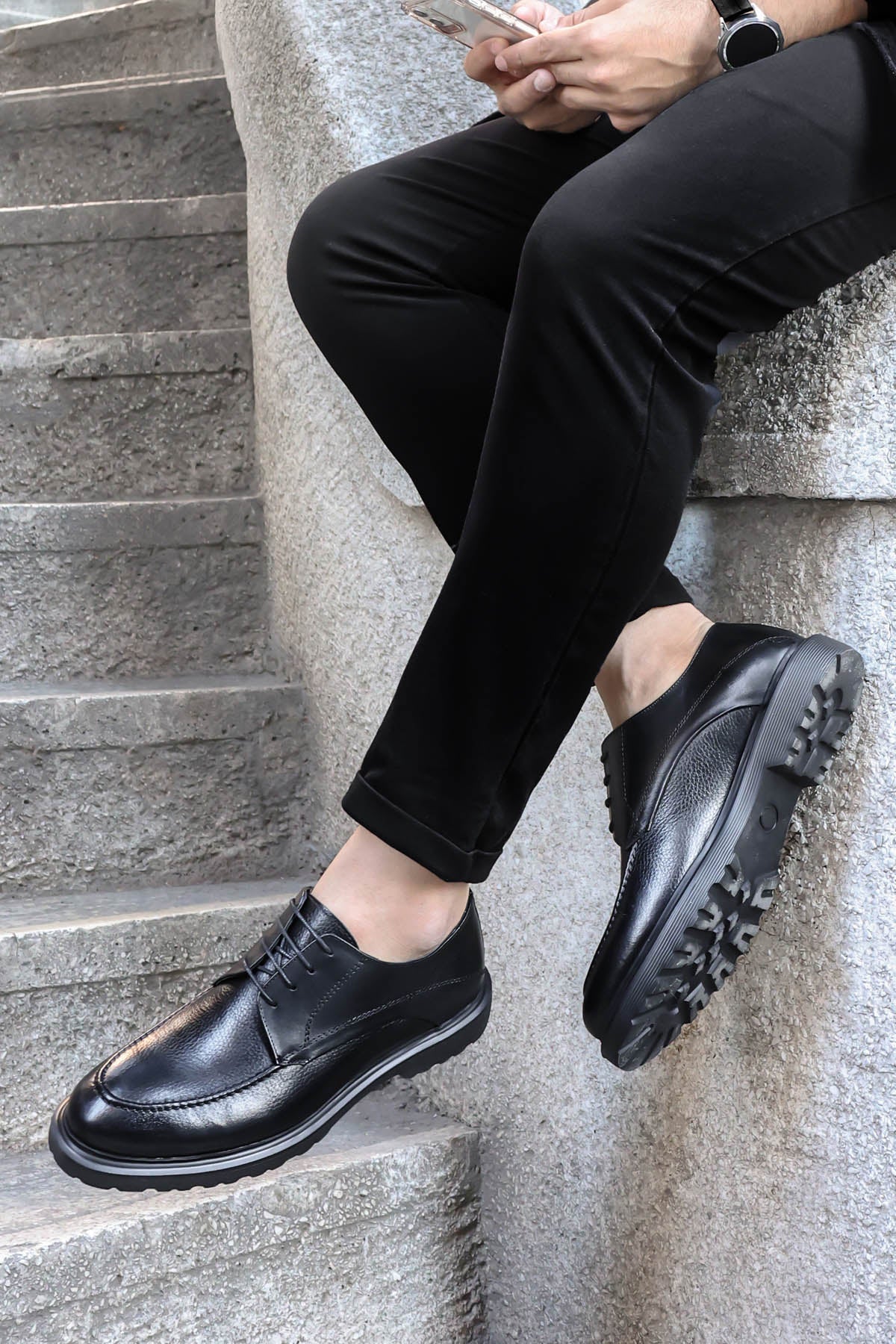 Black Thick Sole Derby Shoes-Wessi