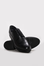 Black Textured Leather Perforated-Toe Dress Shoes for Men | Wessi