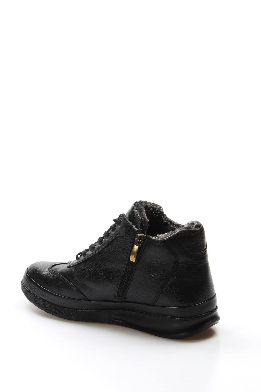 Men's Black High-Top Leather Sneakers with Vegan Furry Lining - Wessi