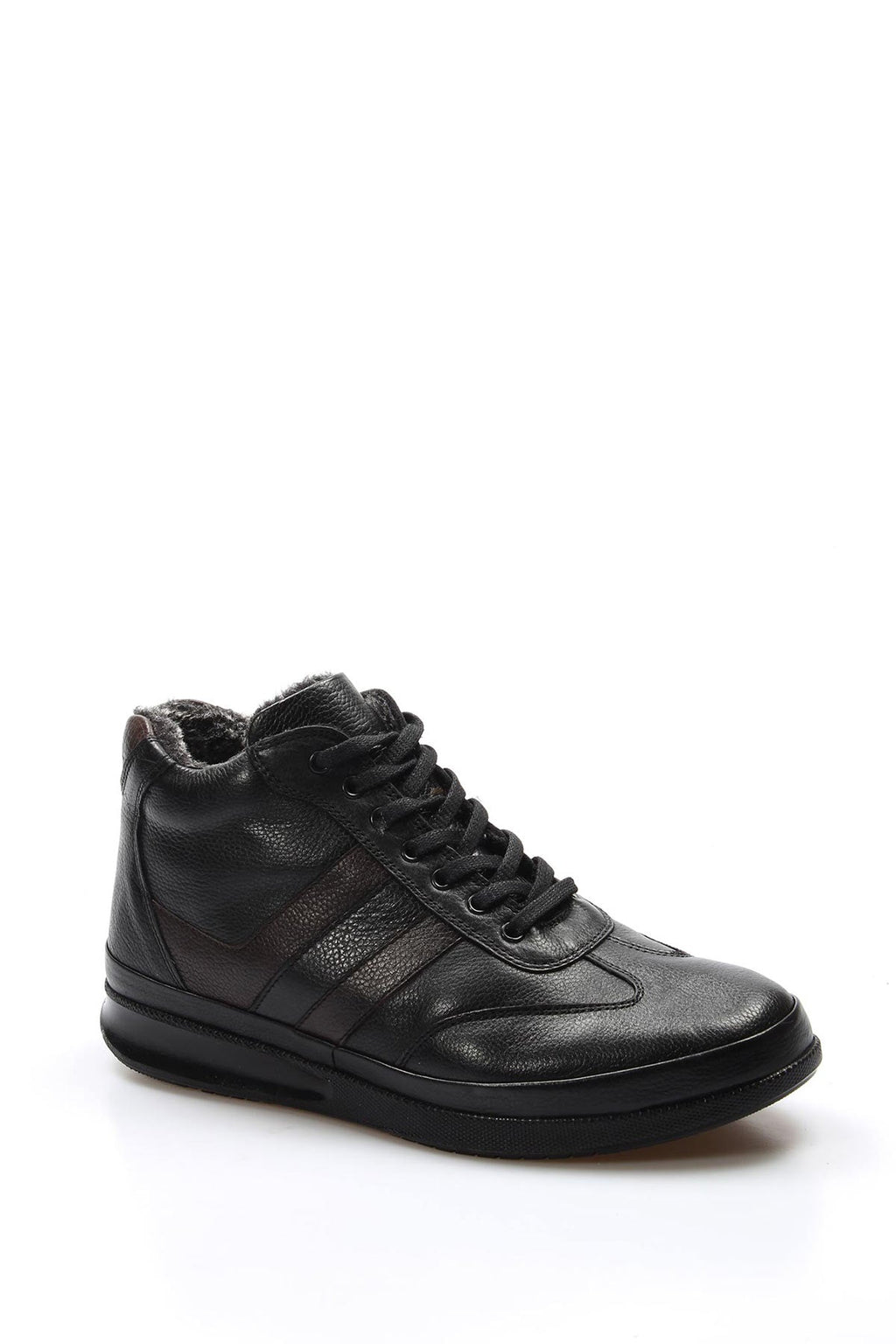 Men's Black High-Top Leather Sneakers with Vegan Furry Lining - Wessi