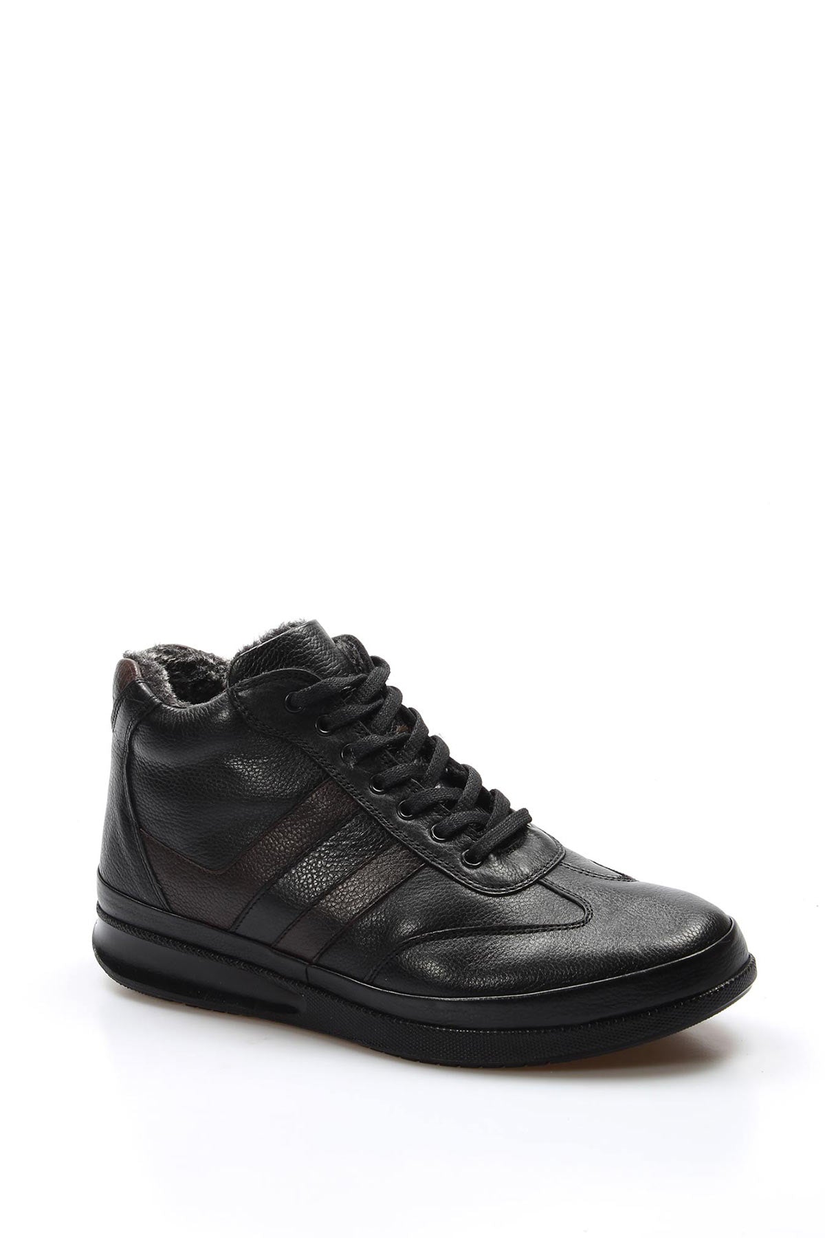 Men's Black High-Top Leather Sneakers with Vegan Furry Lining - Wessi