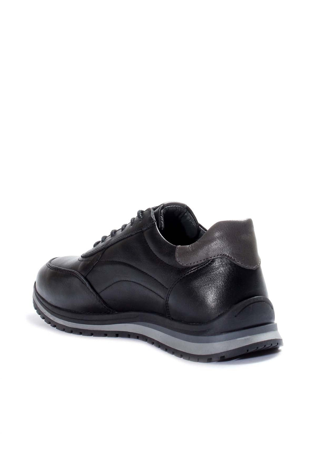 Men's Black Leather Lace-Up Sneakers with Contrast Sole - Wessi