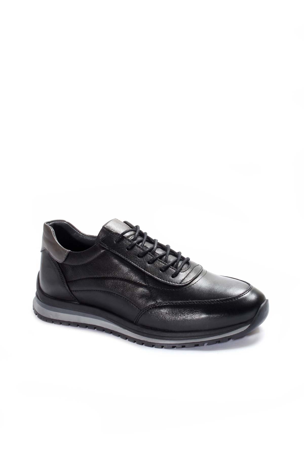 Men's Black Leather Lace-Up Sneakers with Contrast Sole - Wessi