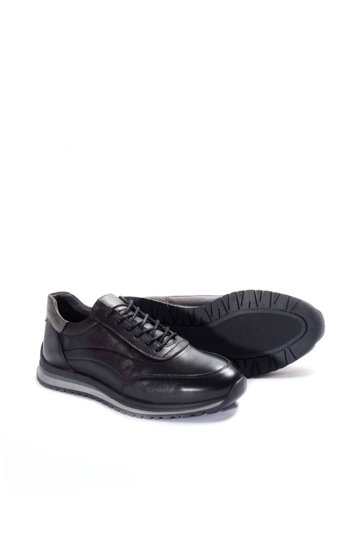 Men's Black Leather Lace-Up Sneakers with Contrast Sole - Wessi