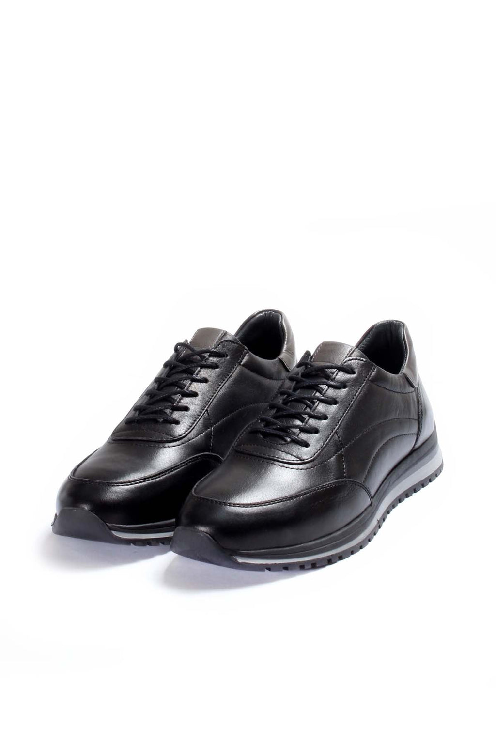 Men's Black Leather Lace-Up Sneakers with Contrast Sole - Wessi