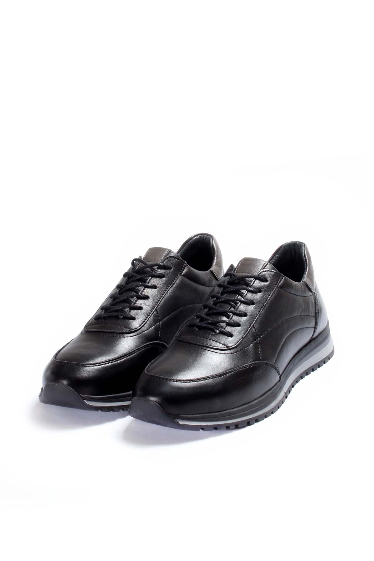 Men's Black Leather Lace-Up Sneakers with Contrast Sole - Wessi