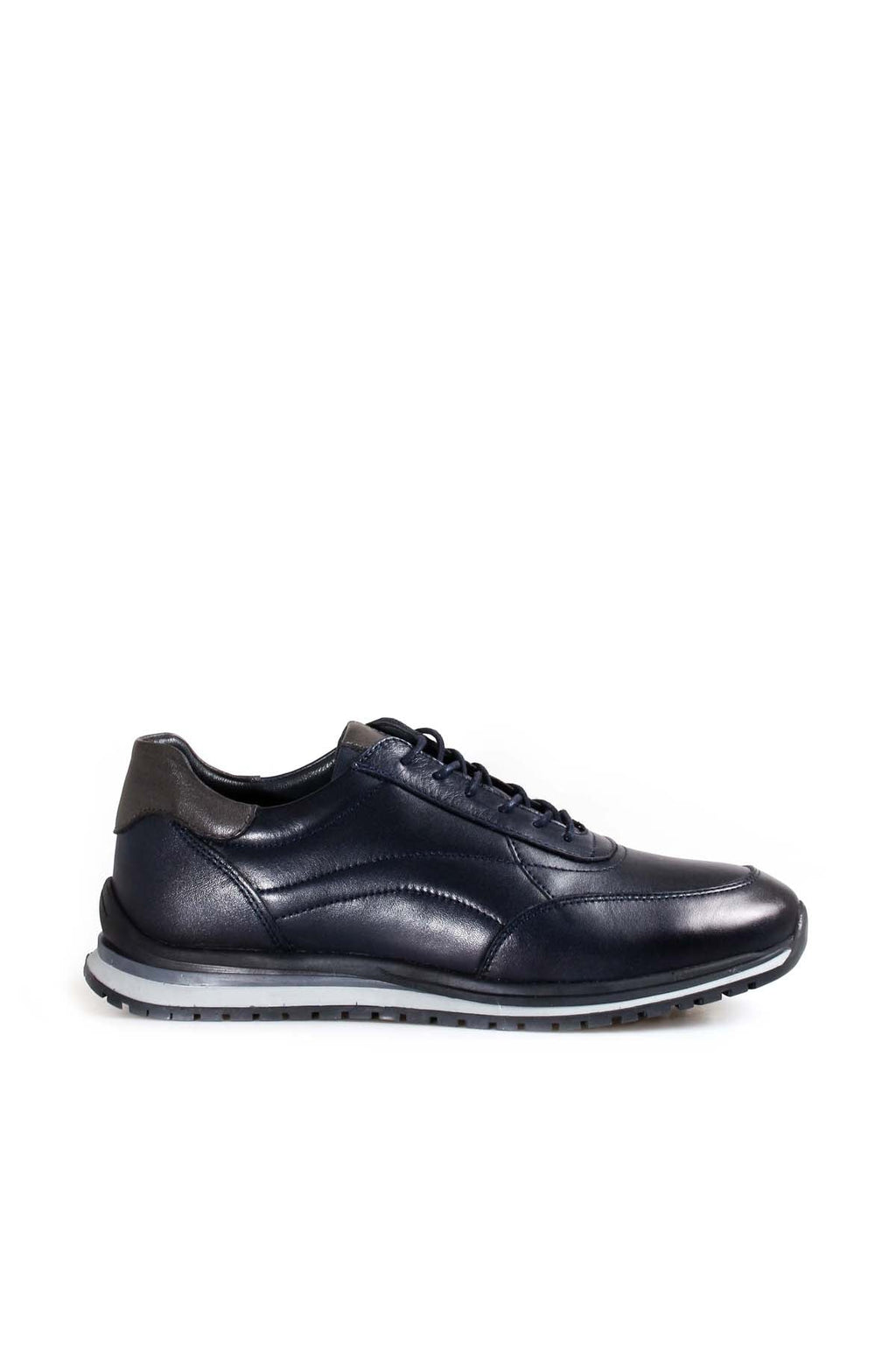 Men's Navy Blue Casual Leather Sneakers with Grey Accents - Wessi