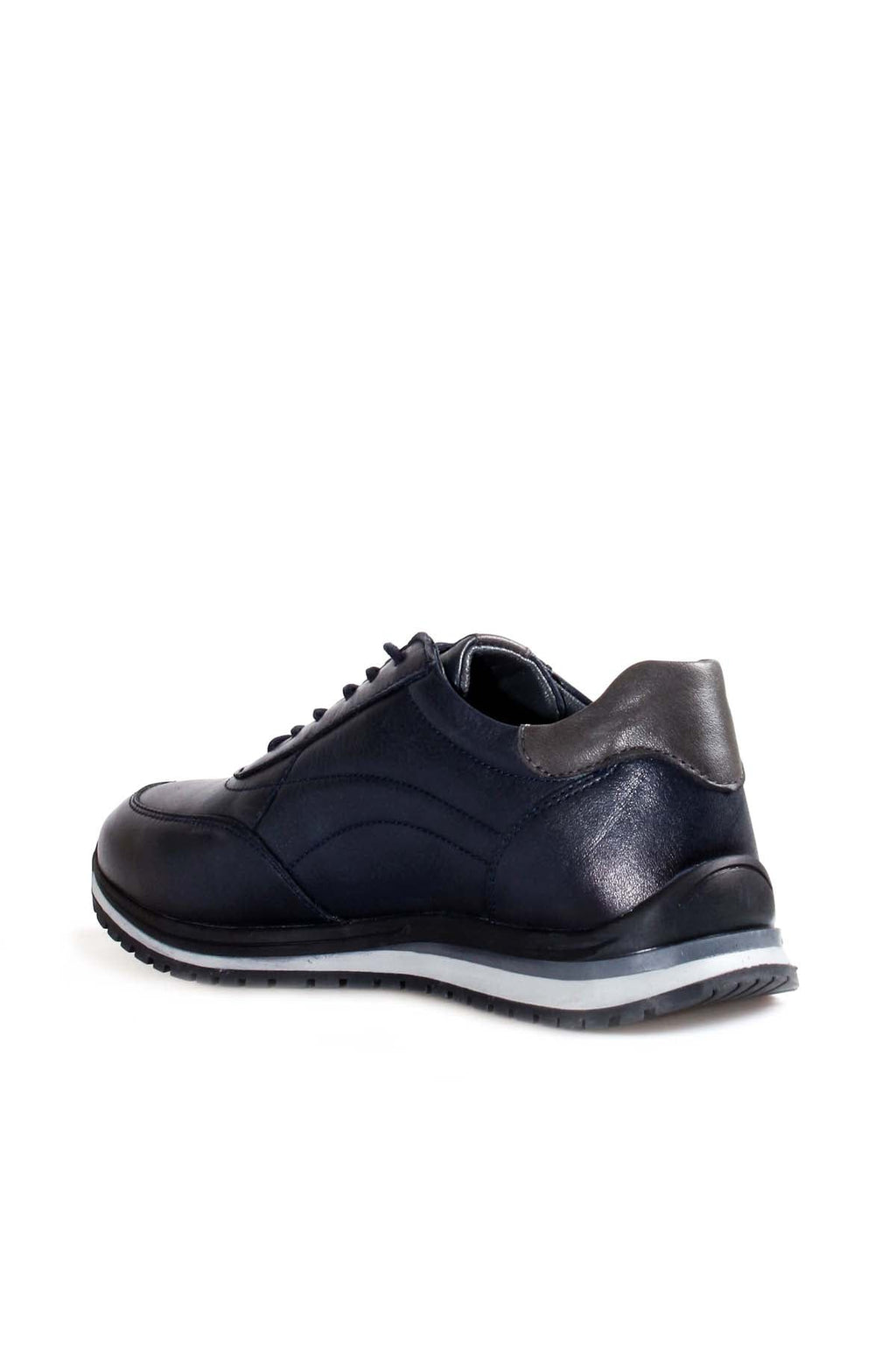 Men's Navy Blue Casual Leather Sneakers with Grey Accents - Wessi