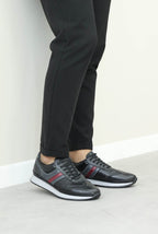 Men's Dark Brown Leather Sneakers with Burgundy Stripe - Wessi