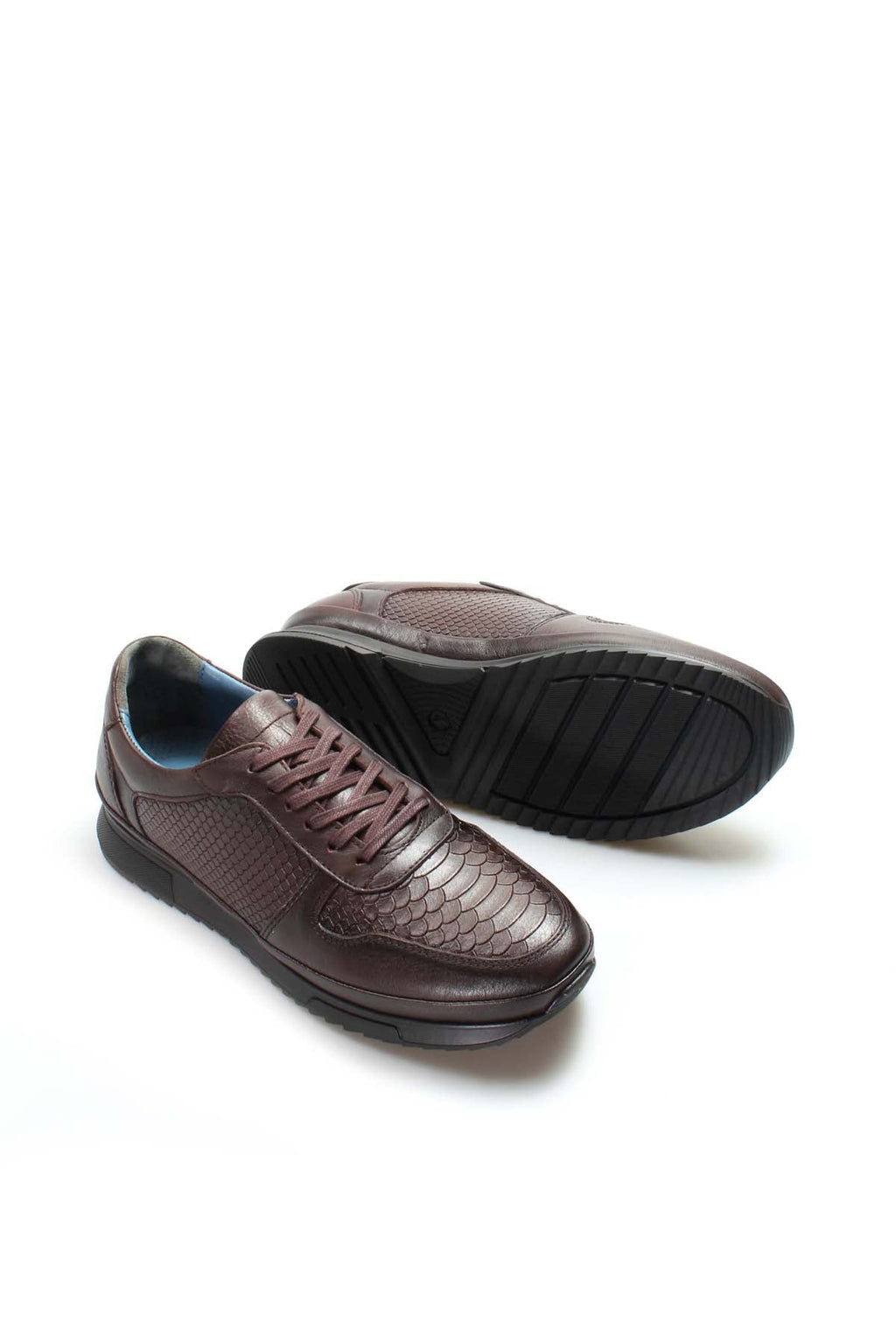 Men's Brown Leather Sneakers with Embossed Croc Texture - Wessi