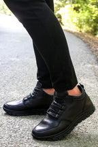 Men's Black High-Top Leather Sneakers with Cushioned Sole - Wessi