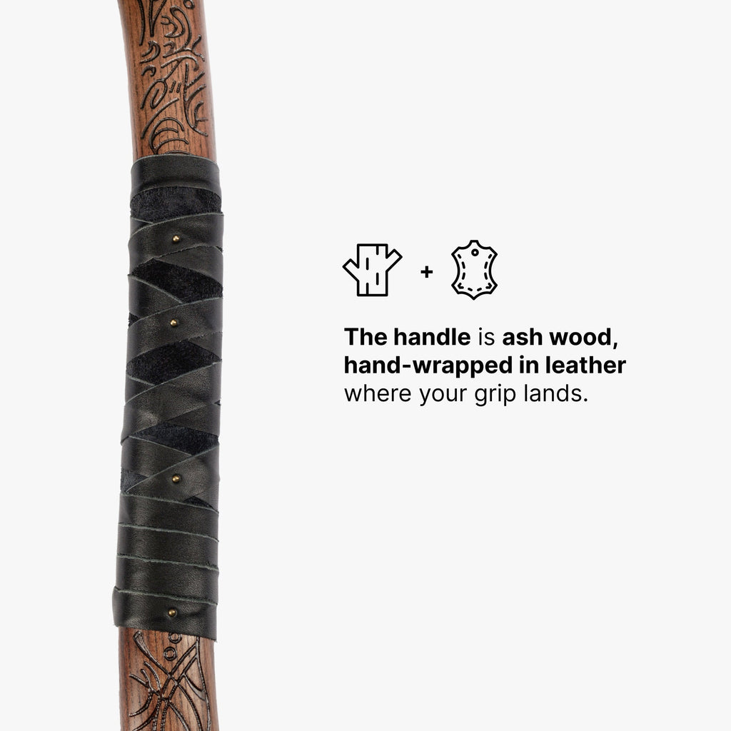 Hand-forged "Ragnarok Kratos axe" with carved handle and Glow-in-the-Dark Runes