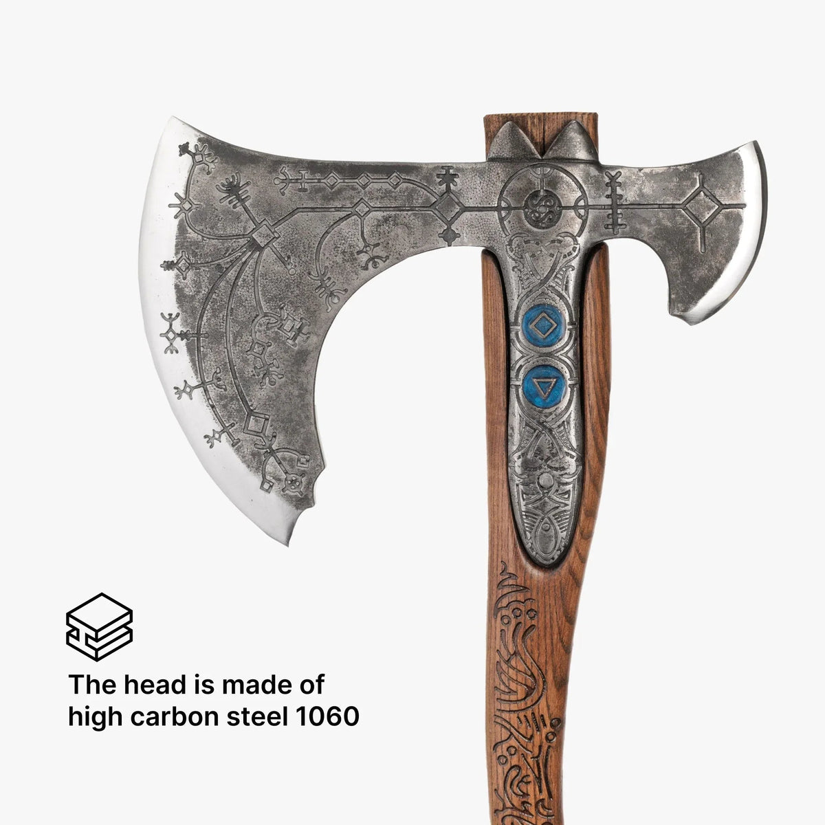 Hand-forged "Ragnarok Kratos axe" with carved handle and Glow-in-the-Dark Runes
