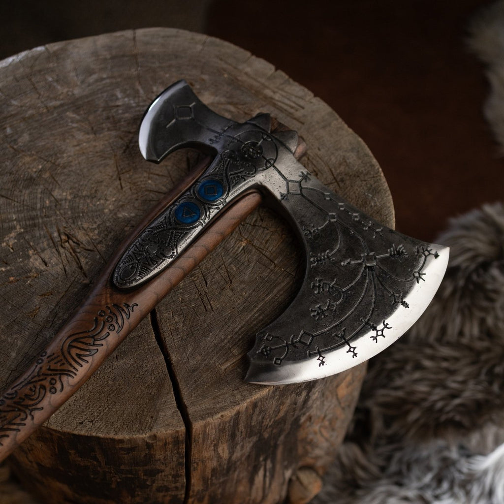 Hand-forged "Ragnarok Kratos axe" with carved handle and Glow-in-the-Dark Runes