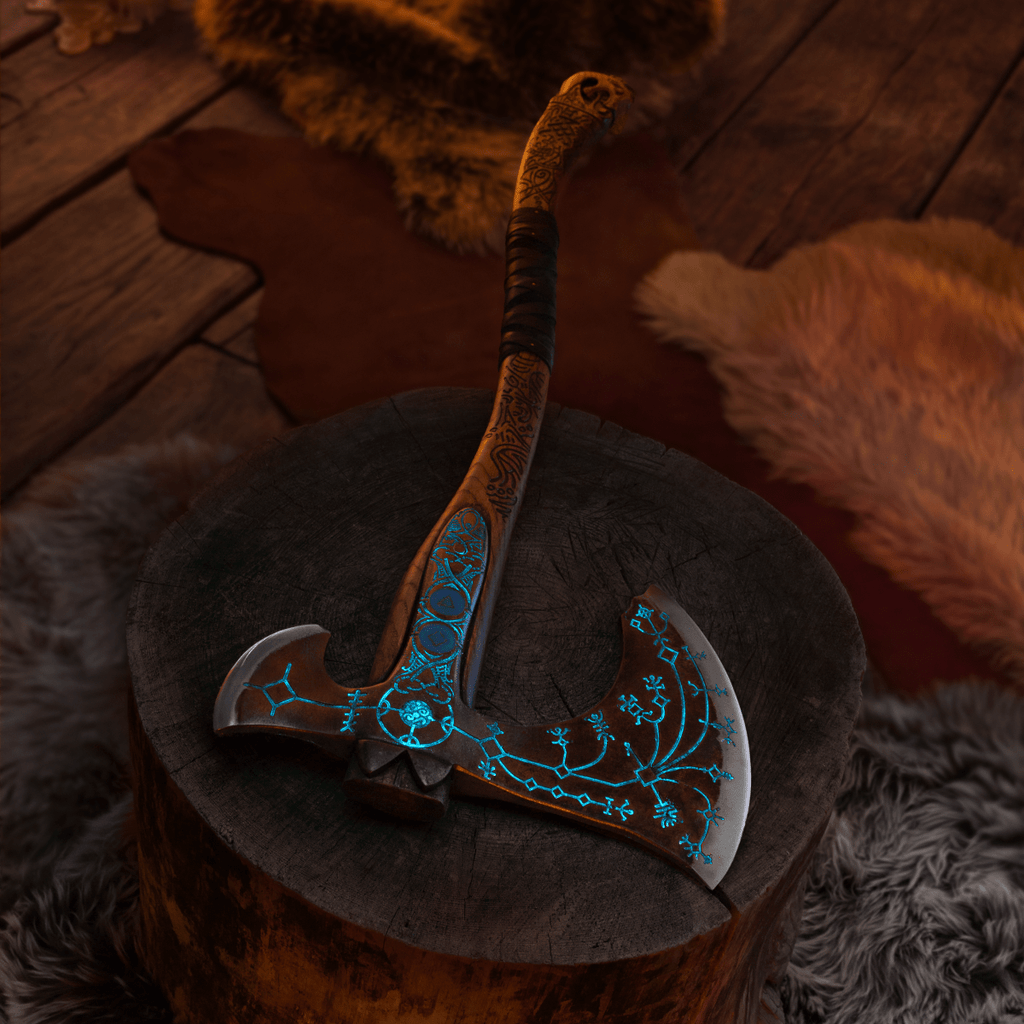Hand-forged "Ragnarok Kratos axe" with carved handle and Glow-in-the-Dark Runes