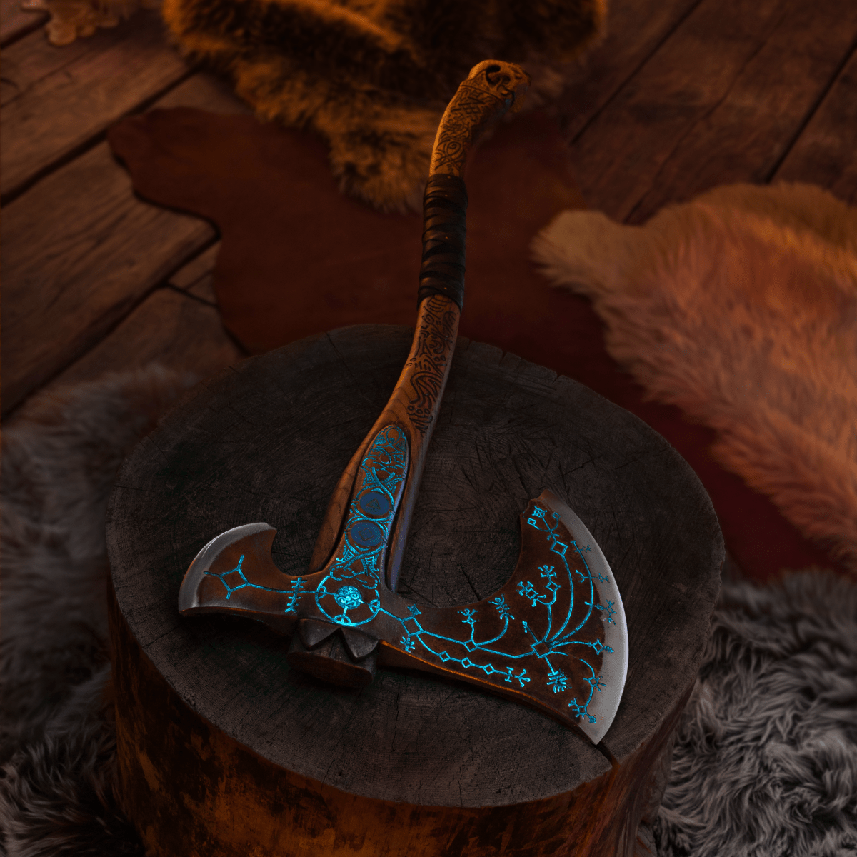 Hand-forged "Ragnarok Kratos axe" with carved handle and Glow-in-the-Dark Runes
