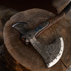 Hand-forged "Ragnarok Kratos axe" with carved handle and Glow-in-the-Dark Runes