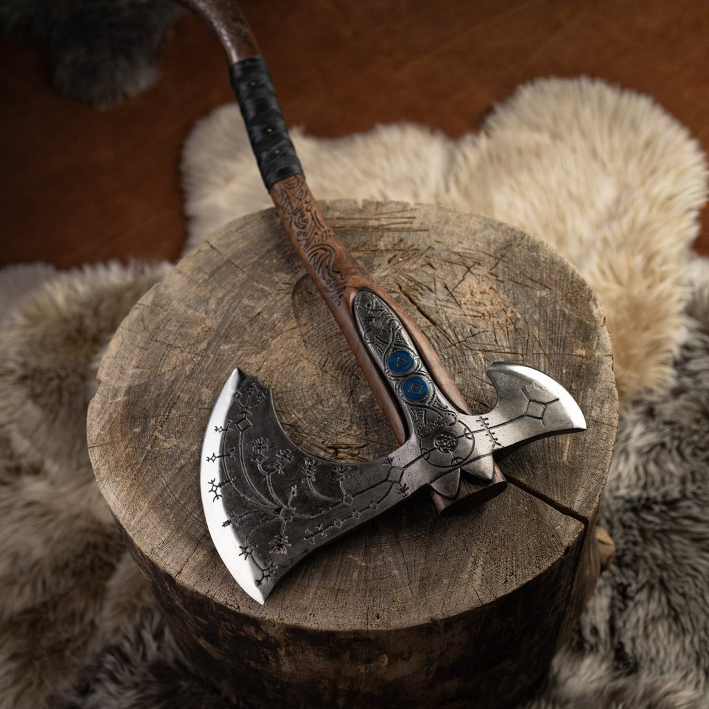 Hand-forged "Ragnarok Kratos axe" with carved handle and Glow-in-the-Dark Runes