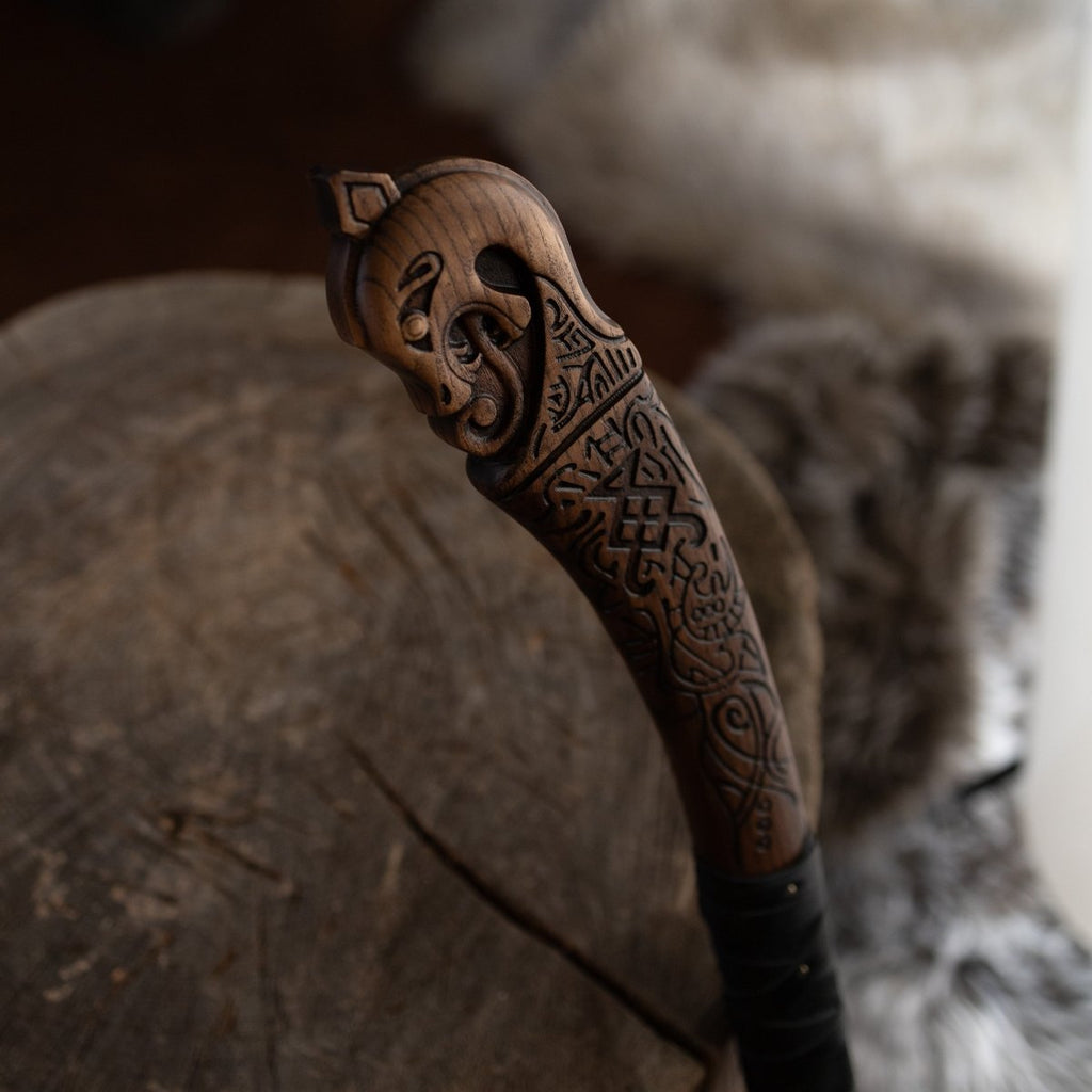 Hand-forged "Ragnarok Kratos axe" with carved handle and Glow-in-the-Dark Runes