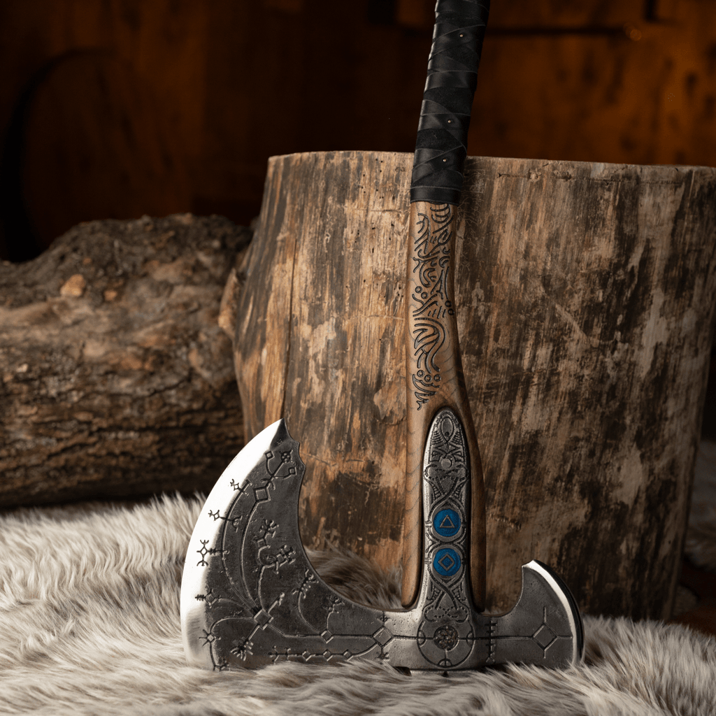Hand-forged "Ragnarok Kratos axe" with carved handle and Glow-in-the-Dark Runes