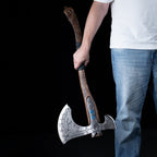 Hand-forged "Ragnarok Kratos axe" with carved handle and Glow-in-the-Dark Runes