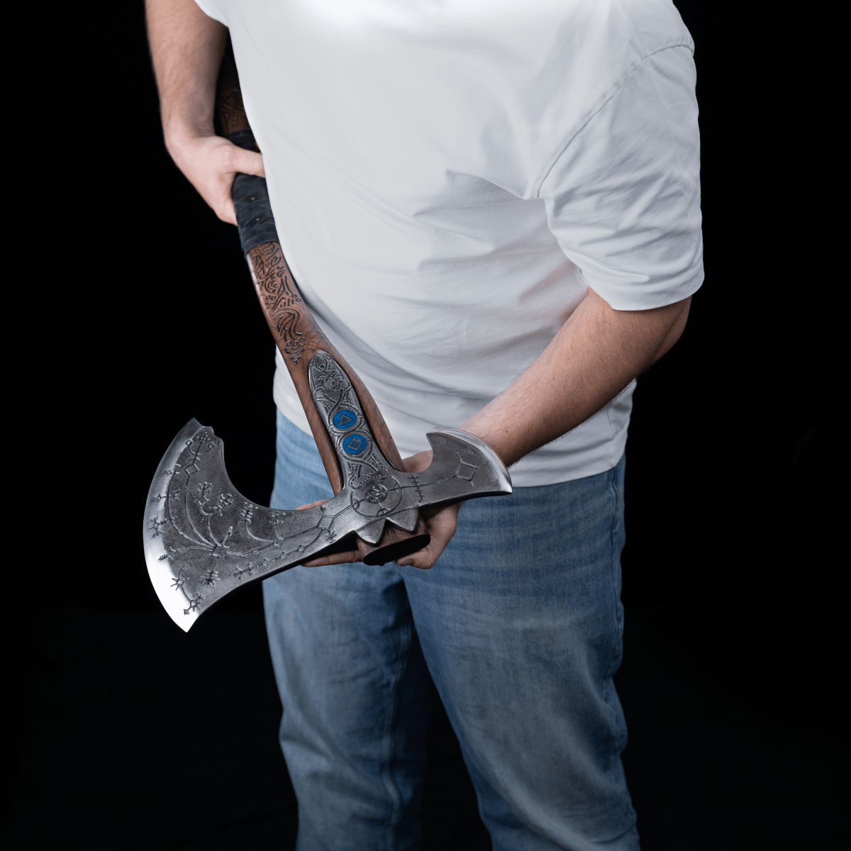 Hand-forged "Ragnarok Kratos axe" with carved handle and Glow-in-the-Dark Runes