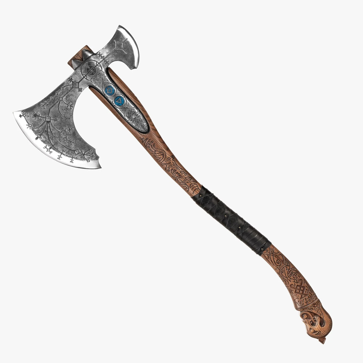 Hand-forged "Ragnarok Kratos axe" with carved handle and Glow-in-the-Dark Runes