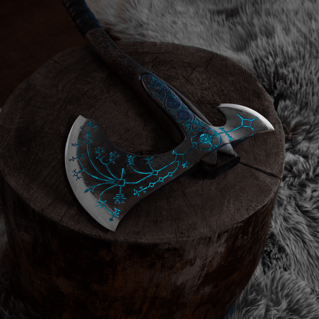 Hand-forged "Ragnarok Kratos axe" with carved handle and Glow-in-the-Dark Runes
