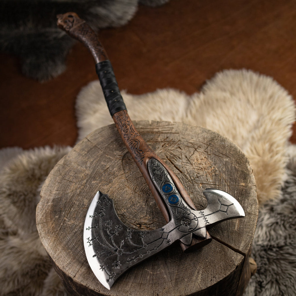 Hand-forged "Ragnarok Kratos axe" with carved handle and Glow-in-the-Dark Runes