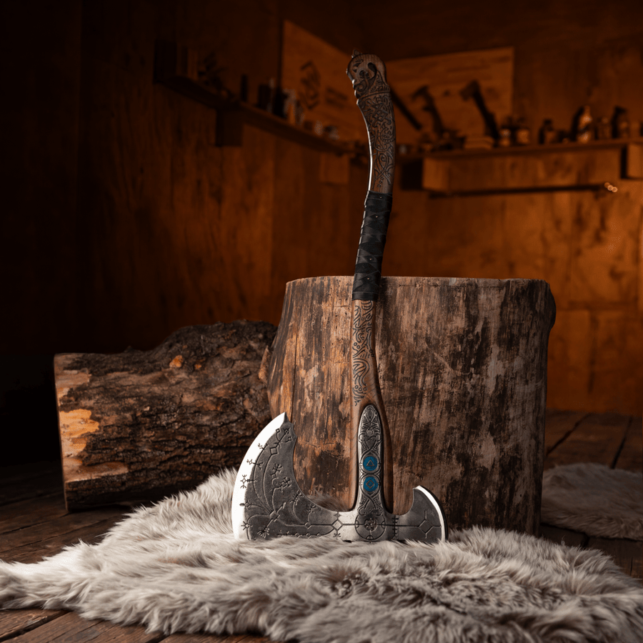 Hand-forged "Ragnarok Kratos axe" with carved handle and Glow-in-the-Dark Runes