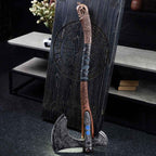 Hand-forged "Ragnarok Kratos axe" with carved handle and Glow-in-the-Dark Runes
