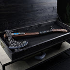 Hand-forged "Ragnarok Kratos axe" with carved handle and Glow-in-the-Dark Runes