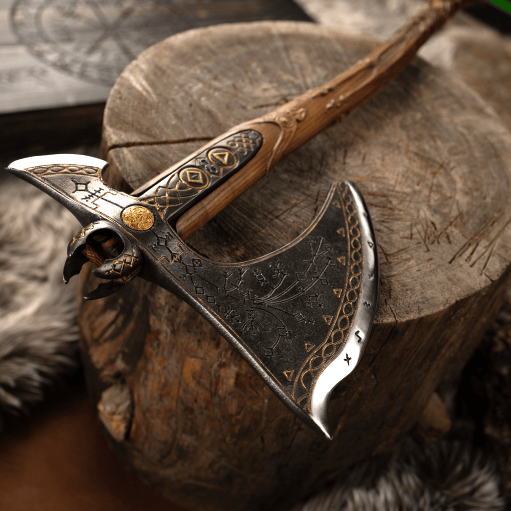 Handcrafted Leviathan axe with glow in the dark runes