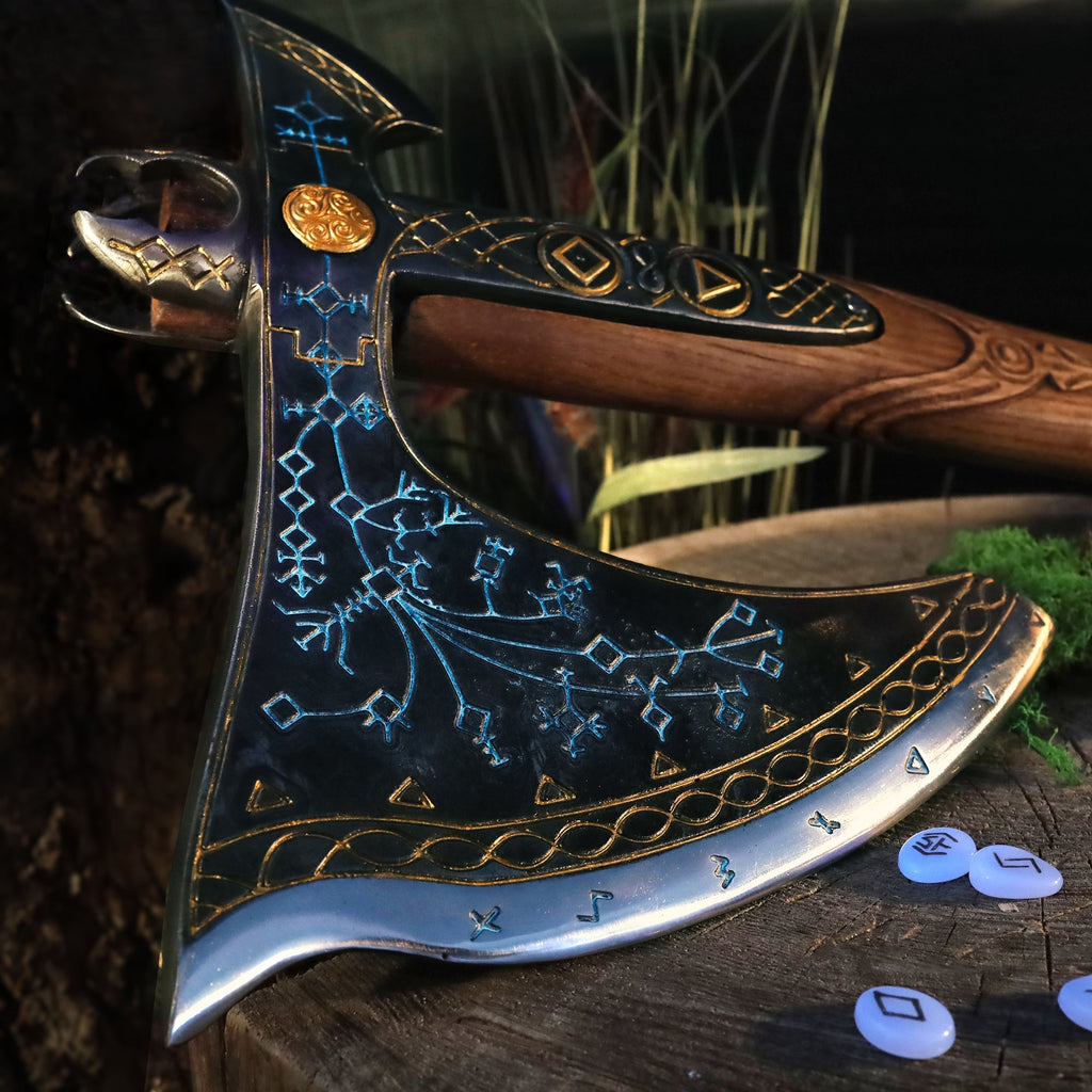 Handcrafted Leviathan axe with glow in the dark runes