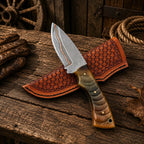 Copper Damascus Hunting Knife – Ram Horn Handle Ranch Belt Carry