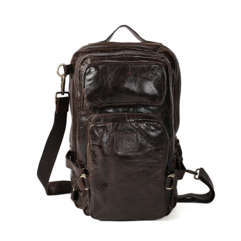 Flash Sale Full Grain Leather Men's Brown Backpack Leather Shoulder Bag